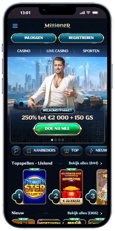 Homepage met bonusaanbieding Millioner casino startpagina welkomstbonus banner