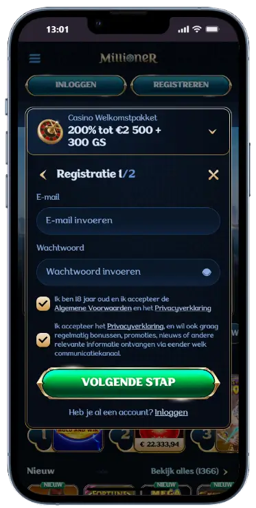 Account aanmaken formulier Millioner casino registratieformulier eerste stap